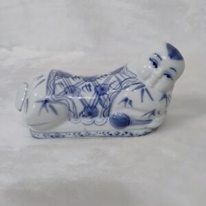 Chinese Opium Pillow Blue & White Hand Painted Buddha Reclining Boy